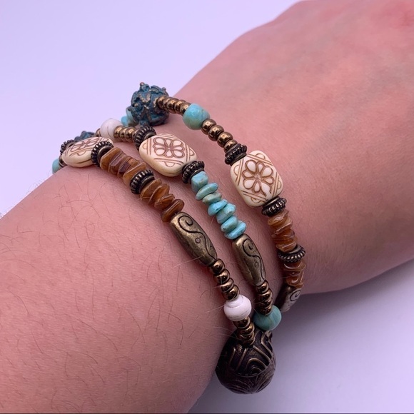 Boho Blue and Brown Spiral Bead Bracelet - Picture 4 of 6